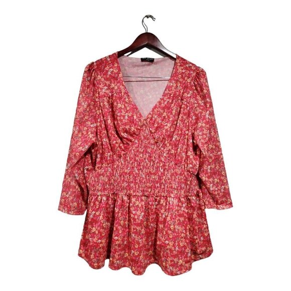 Lane Bryant Peplum Blouse Top Womens Plus 18-20 Pink Floral Smocked Waist Mesh - Picture 1 of 16